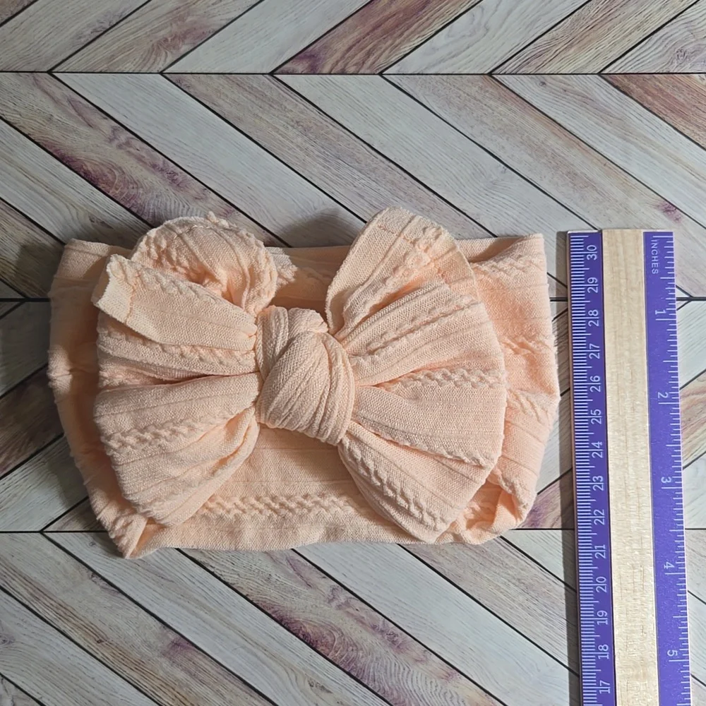 Baby Toddler Peach Cable Knit Bow Headband Stretchy Wide Kids Top Knot Hair Band